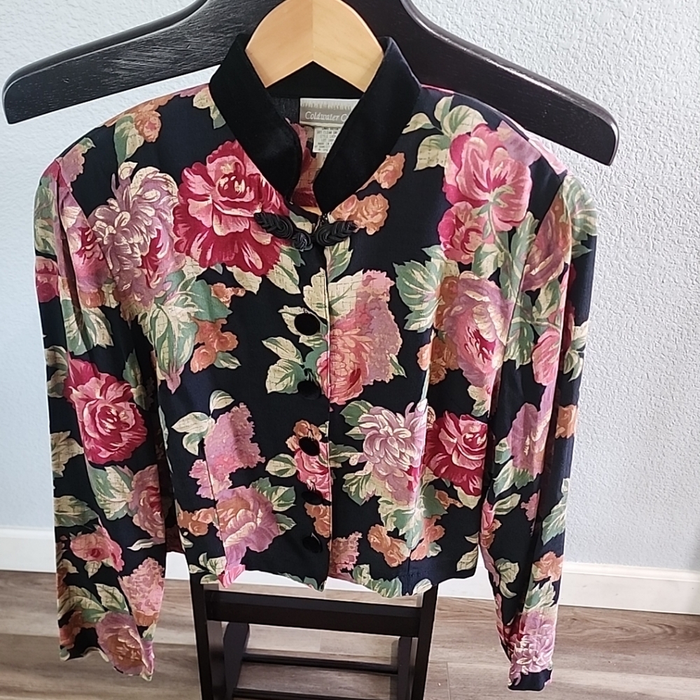 ColdwaterCreek 90s Velvet Collar Blouse Button Up Shirt Asian Frog Closure Boho